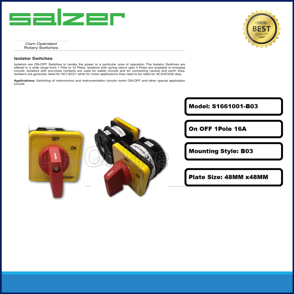 SALZER ISOLATOR SELECTOR SWITCH ON/OFF 16A 1POLE (S1661001-B03 ...