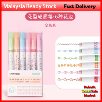 6Pcs/Set Flower Line Shape Highlighter Pen Roller Tip Curve Liner Marker Kawaii Korean Stationery School Office Supplie
