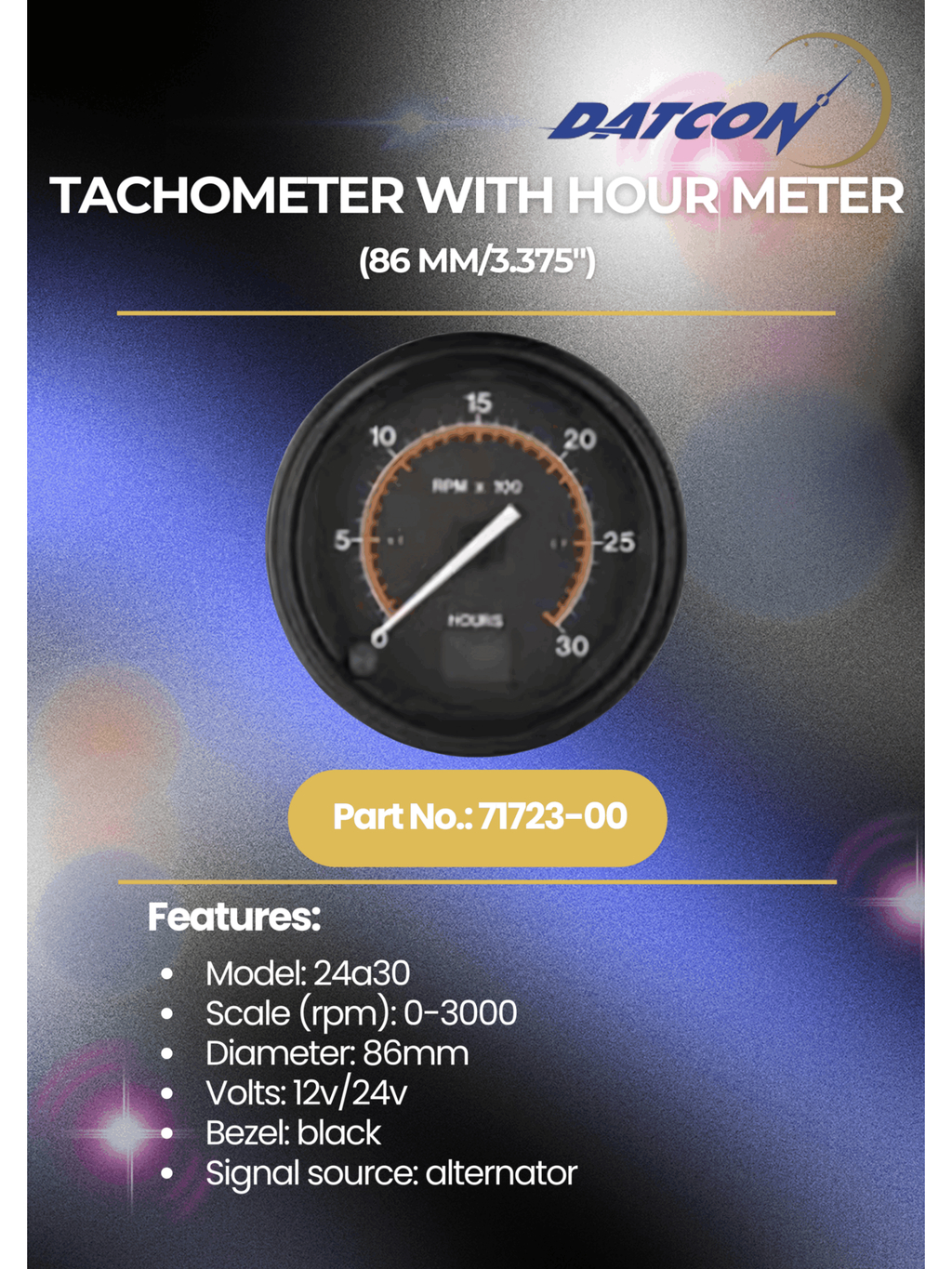 Genuine Datcon 71723-00 Tachometer with Hourmeter (0–3000 RPM, 12/24V ...