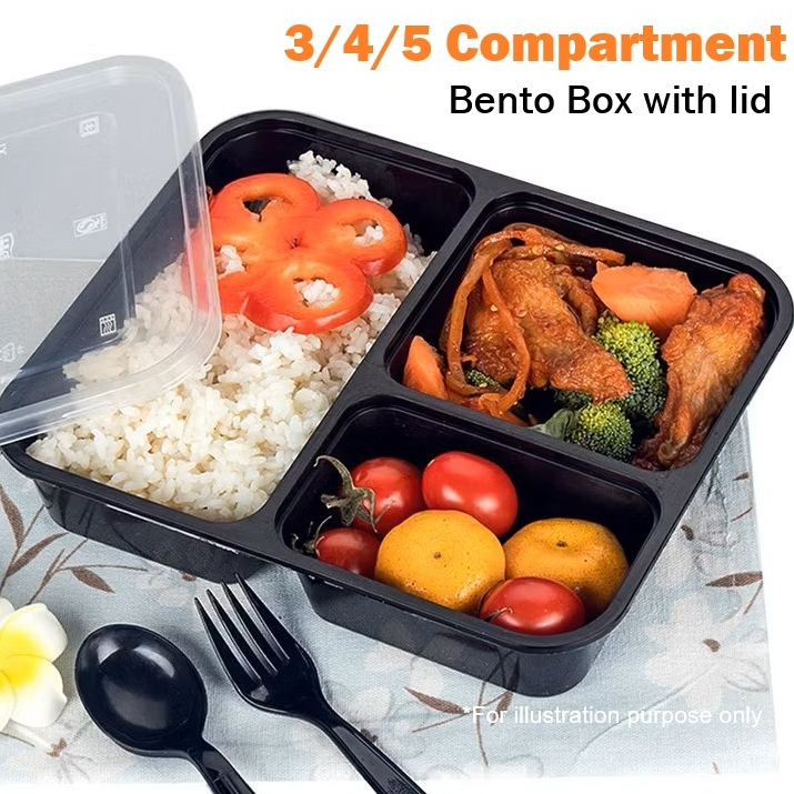 3/4/5 Compartment Bento Box & Lid Disposable Lunch Container Takeaway ...
