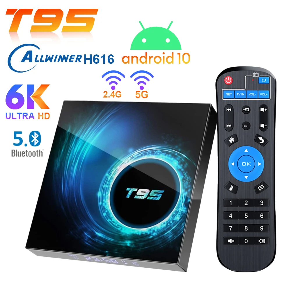 T95 H616 Smart Box Android 10 4G 64GB Support 6K 3D 2.4g & 5g Dual band ...