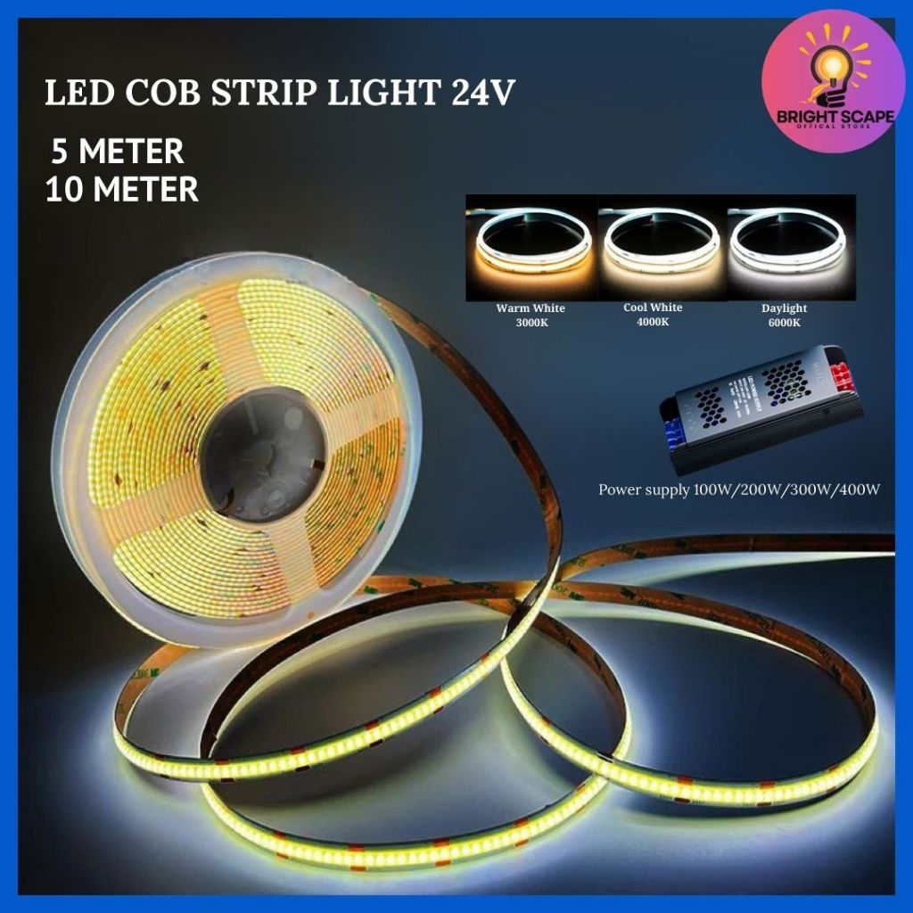 DC24V COB LED Strip Light 5M/10M 320LEDs Ultra Bright Flexible High ...