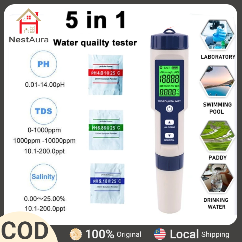 5 in 1 Professional Water Quality Tester TDS/EC/ORP/S.G/PH/Salinity ...