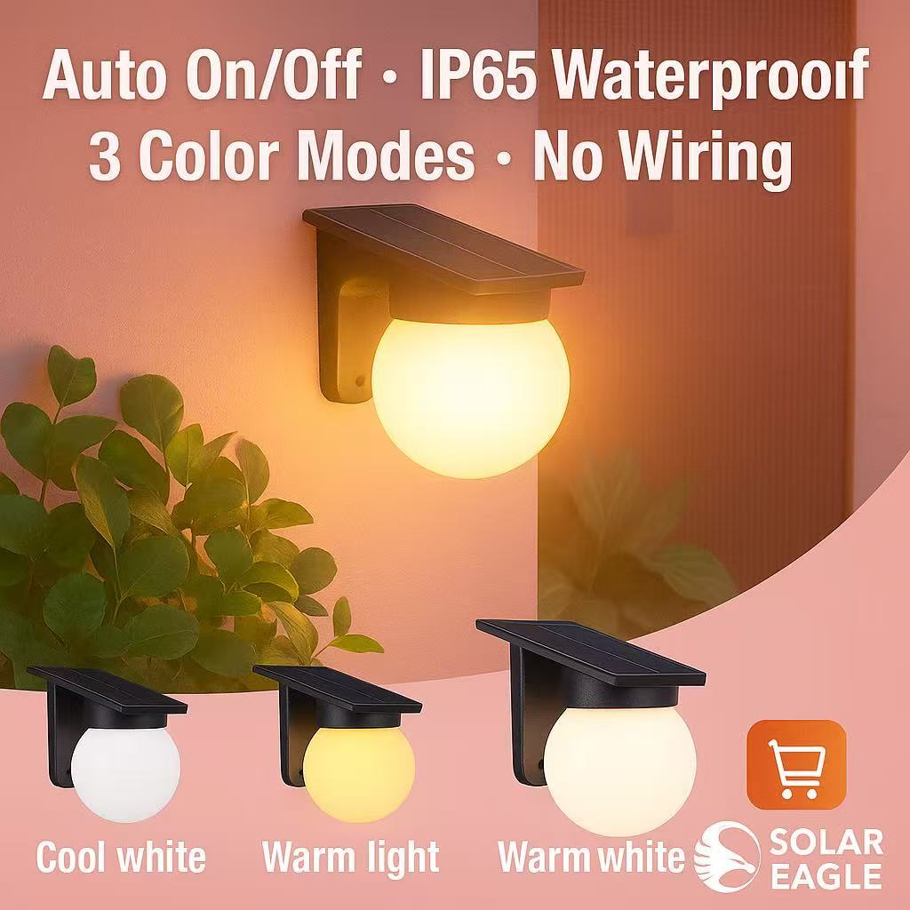 Solar Wall Light 太阳能壁灯 Outdoor IP65 Waterproof Button Control 3-Color ...
