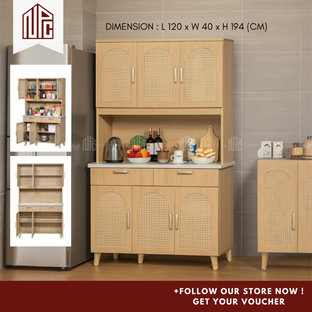 NPC 4ft Tall Kitchen Cabinet 3 Doors Rattan Muji Aesthetic Storage ...