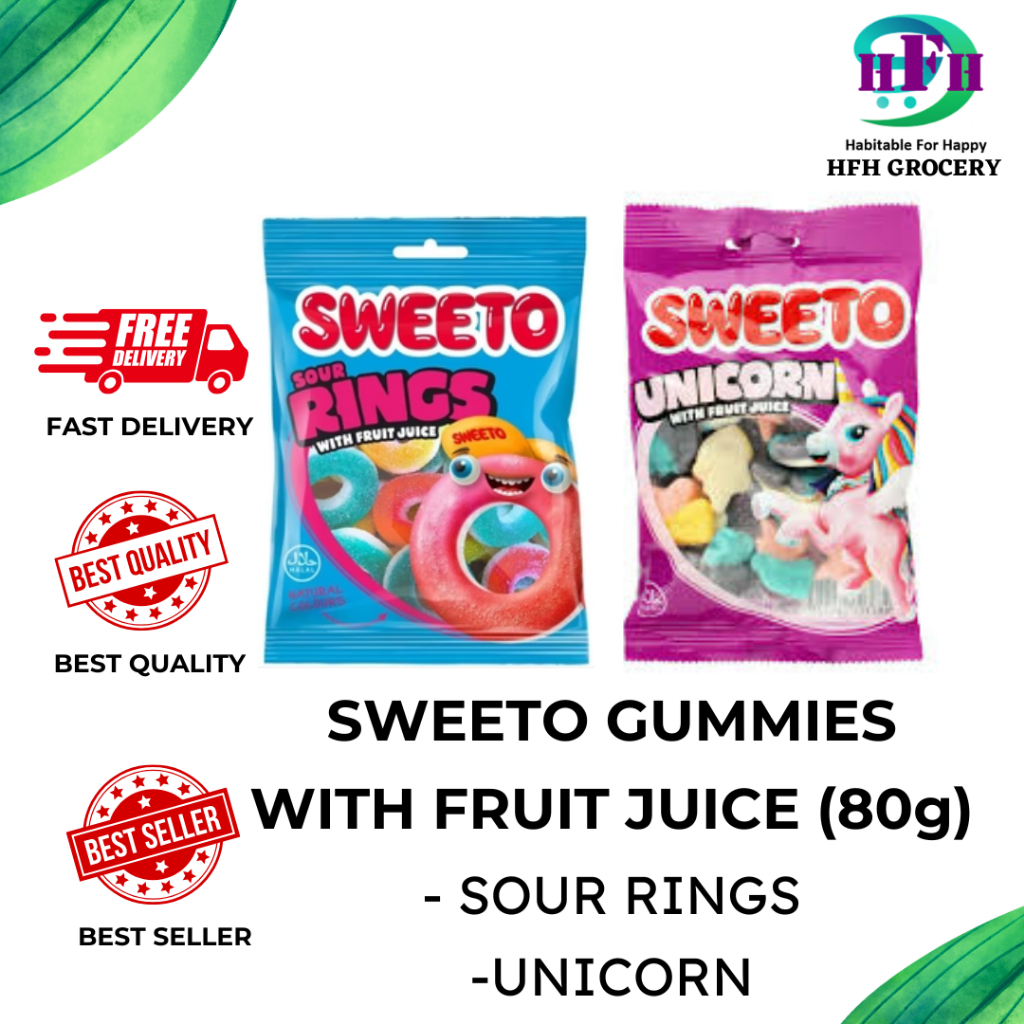 🔥 SWEETO GUMMIES WITH FRUIT JUICE (80G) - SOUR RINGS / UNICORN {HALAL ...