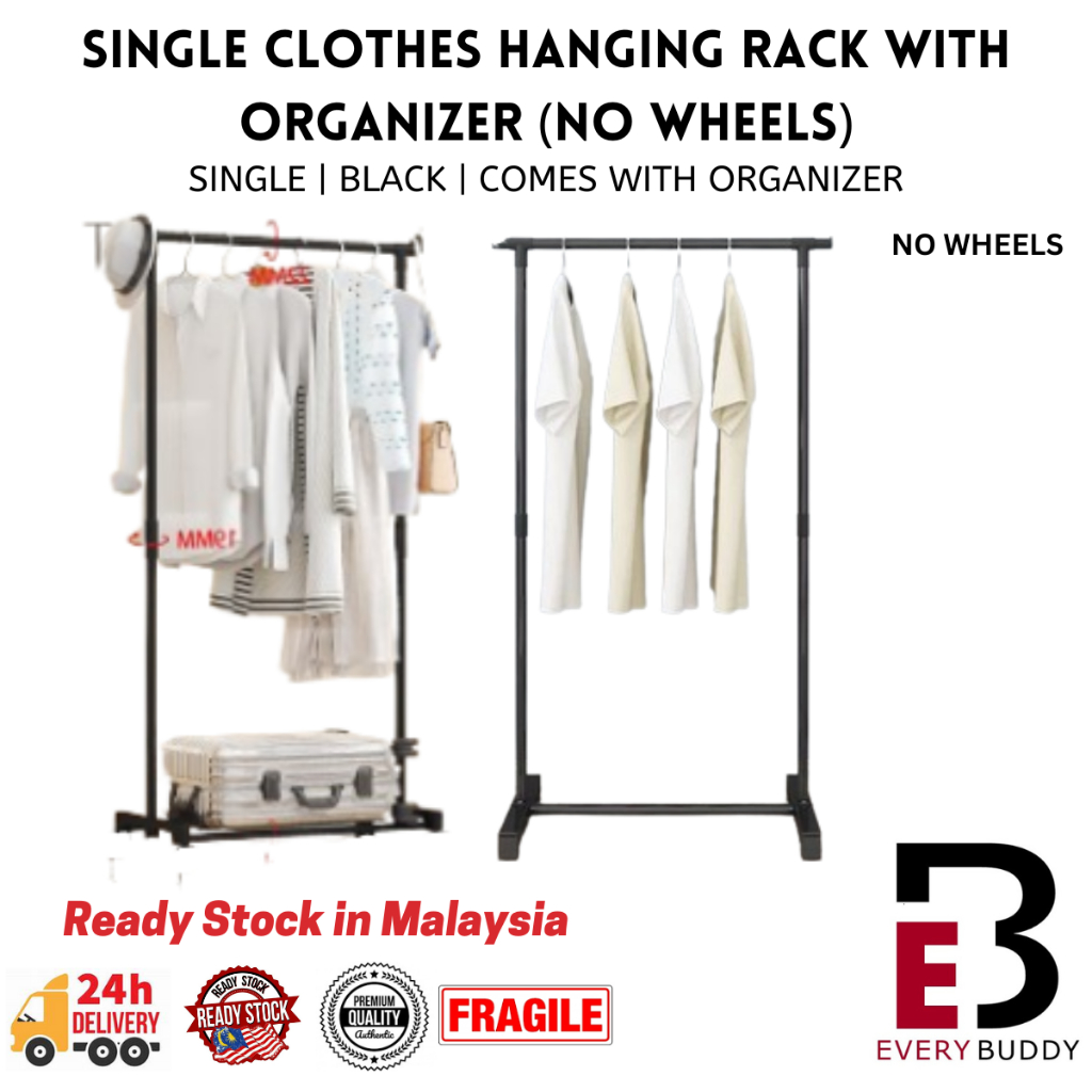 NO WHEELS Single Pole Clothes Hanging Rack Cloth Drying Rack Organizer ...