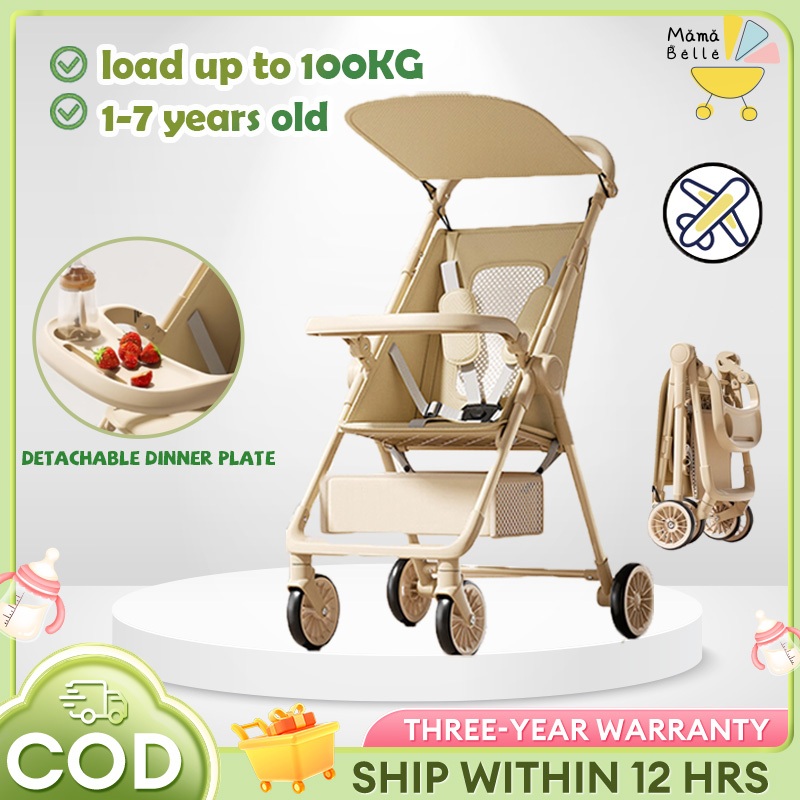 Beige Baby Stoller one click Foldable 5-Pt Harness & Detachable Dinner ...