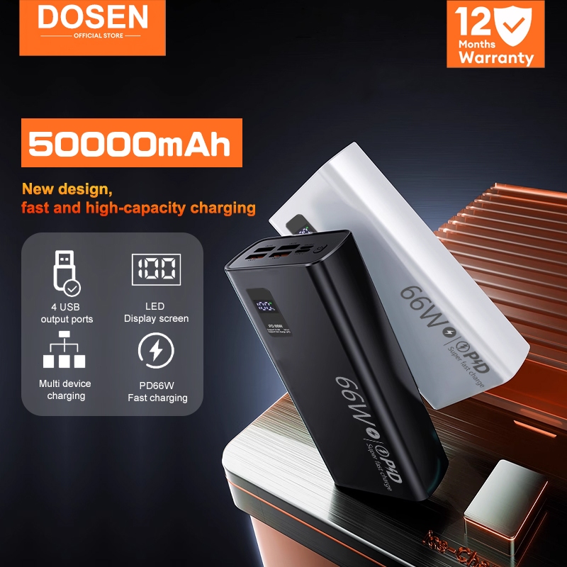 DOSEN Power Bank K7 Fast Charging Four USB Portable Digital Display Black White(PD66W/50000mAh 30000mAh 12000mAh)