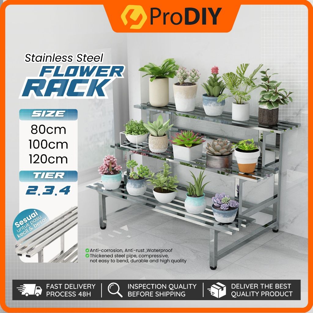 2/3/4 Tier Stainless Steel Flower Rack 80cm 100cm 120cm Flower Pot ...