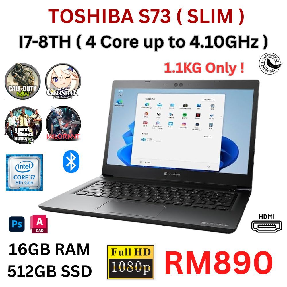 TOSHIBA DYNABOOK FULL HD SLIM CORE I7-8TH 16GB RAM 512GB SSD MAX