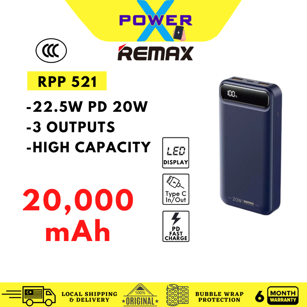 【CCC Certified】Remax RPP-521 20000mAh QC 22.5W PD 20W Super Fast Charge ...