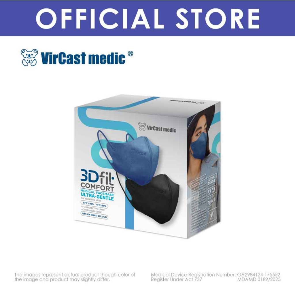 Vircast Medic 3D Mask - Denim Blue/Black (30 Pcs/Box) | Shopee Malaysia