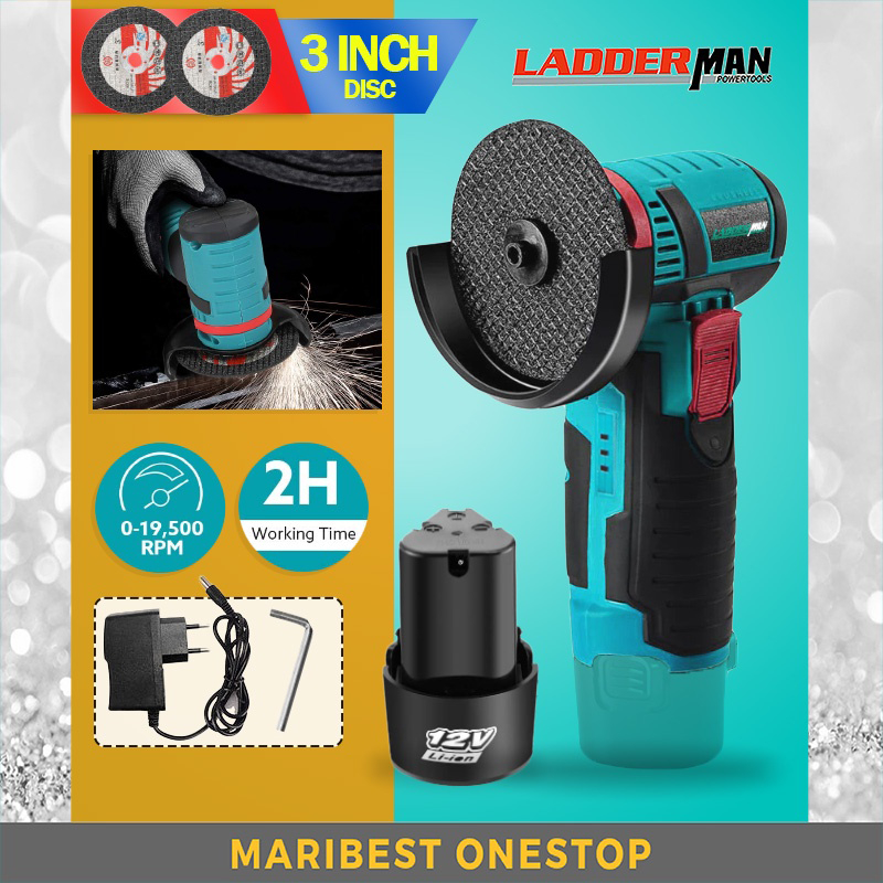 Ladderman Mini Cordless Angle Grinder Battery Portable 12V 80mm 3 ...