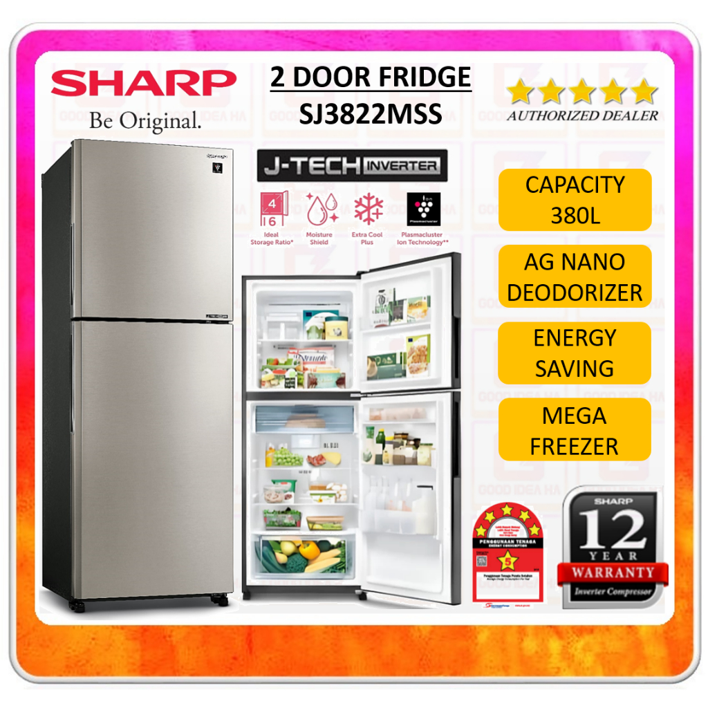 Sharp J-Tech Inverter Refrigerator (380L) SJ3822MSS Peti Sejuk 冰厨 ...