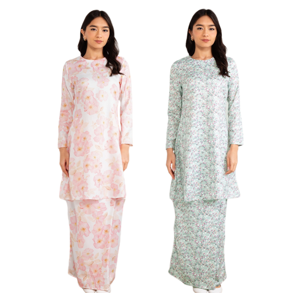 [Baju Raya 2025] ERA MAYA Baju Kurung Pahang Riau Printed Moden Murah Ironless Viral White Green