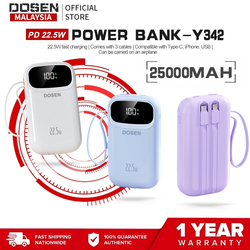 【3C Certified】DOSEN Original Powerbank fast charging Y342 Comes with three wires PD22.5W Portable 20000mAh 25000mAh
