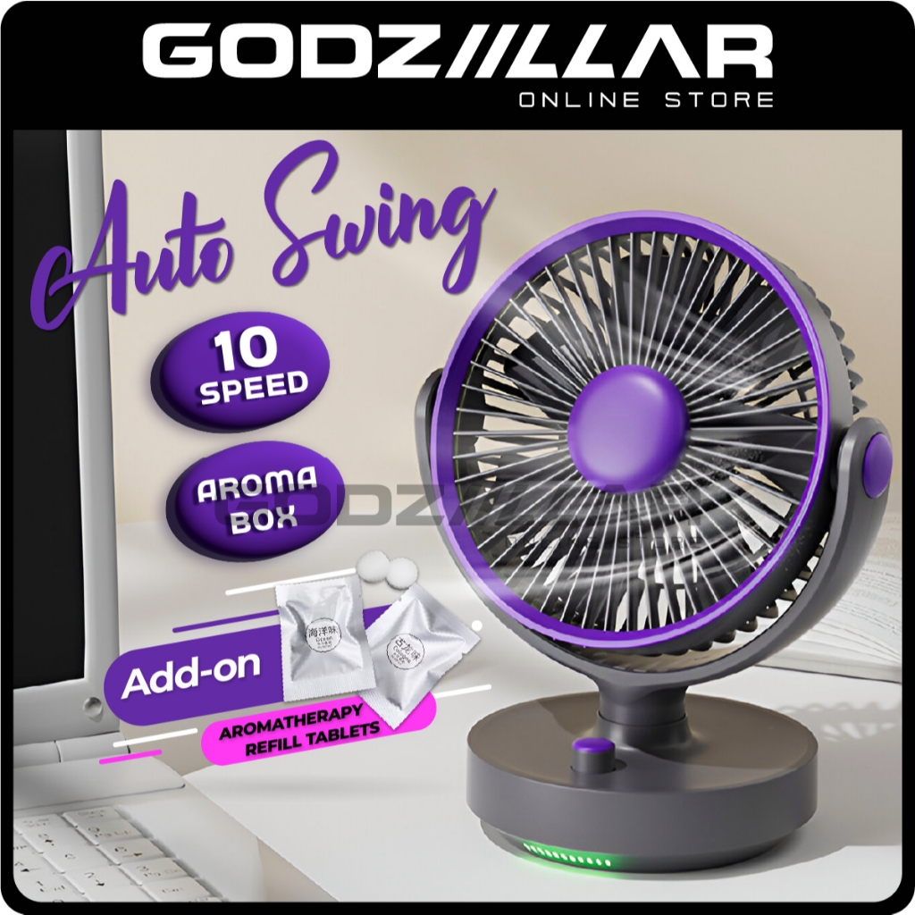 (10 Speed) Auto Swing Desk Fan 100° Rotation Table Fan With Aroma ...