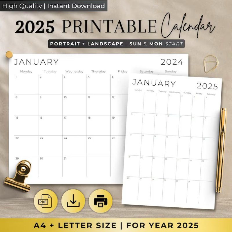 2025 Calendar & Monthly Planner, Vertical Sunday & Monday Start ...