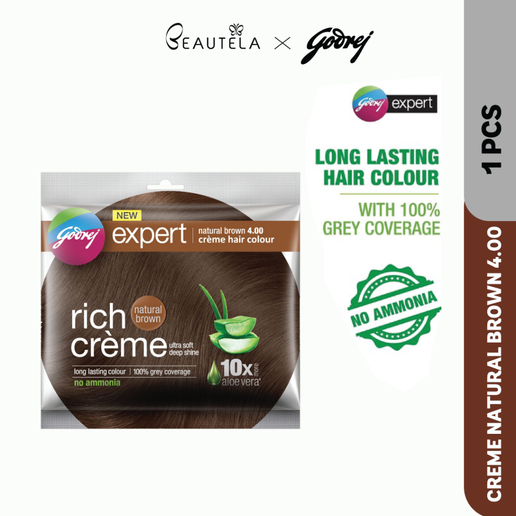GODREJ EXPERT RICH CRÈME Hair Color Dye NATURAL BROWN 4.00[ 100% Grey ...