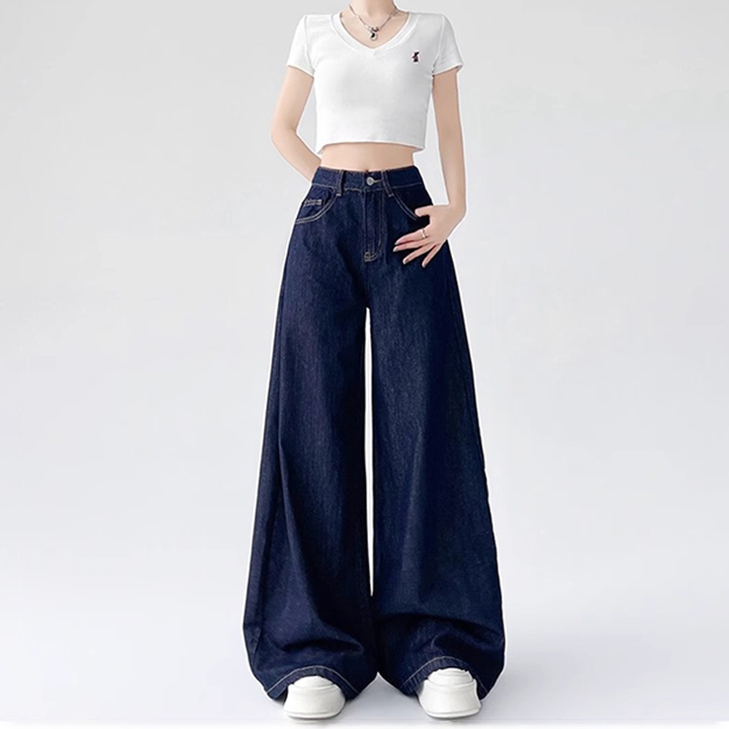 Dark blue wide-leg jeans for women new high waist loose straight  floor-length pants