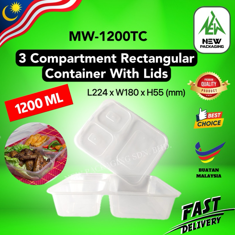 MW-1200TC 3 Compartment Rectangular Container with Lids [10/50 Sets ...