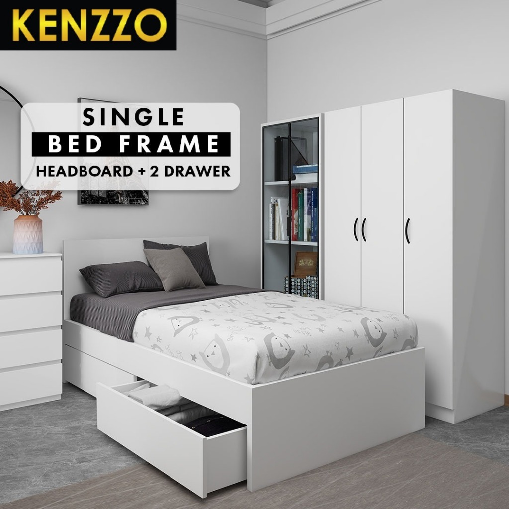 Katil Single With Headboard/ Wooden Bedframe With 2 Storage Drawer ...