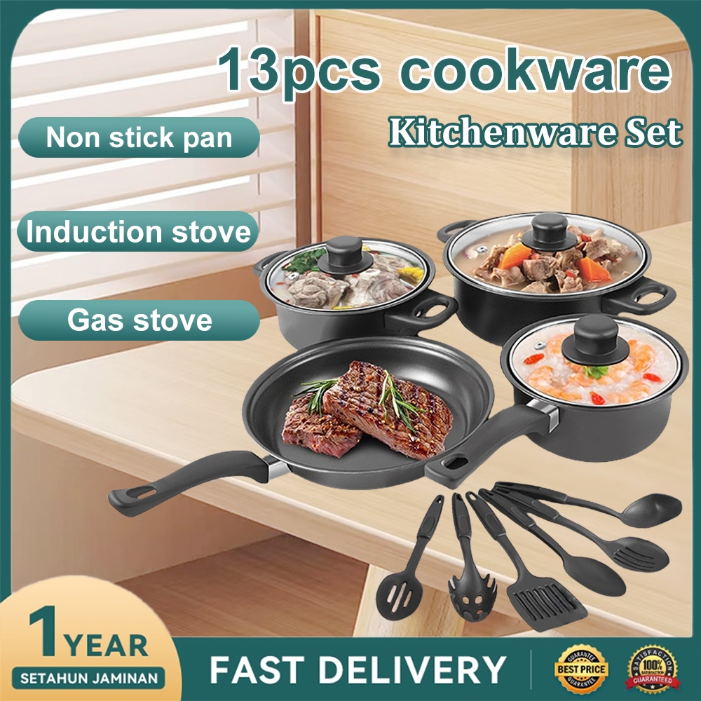 13Pcs Cookware Set Non Stick Cooking Pot Pan Kitchen Periuk Anti Lekat ...