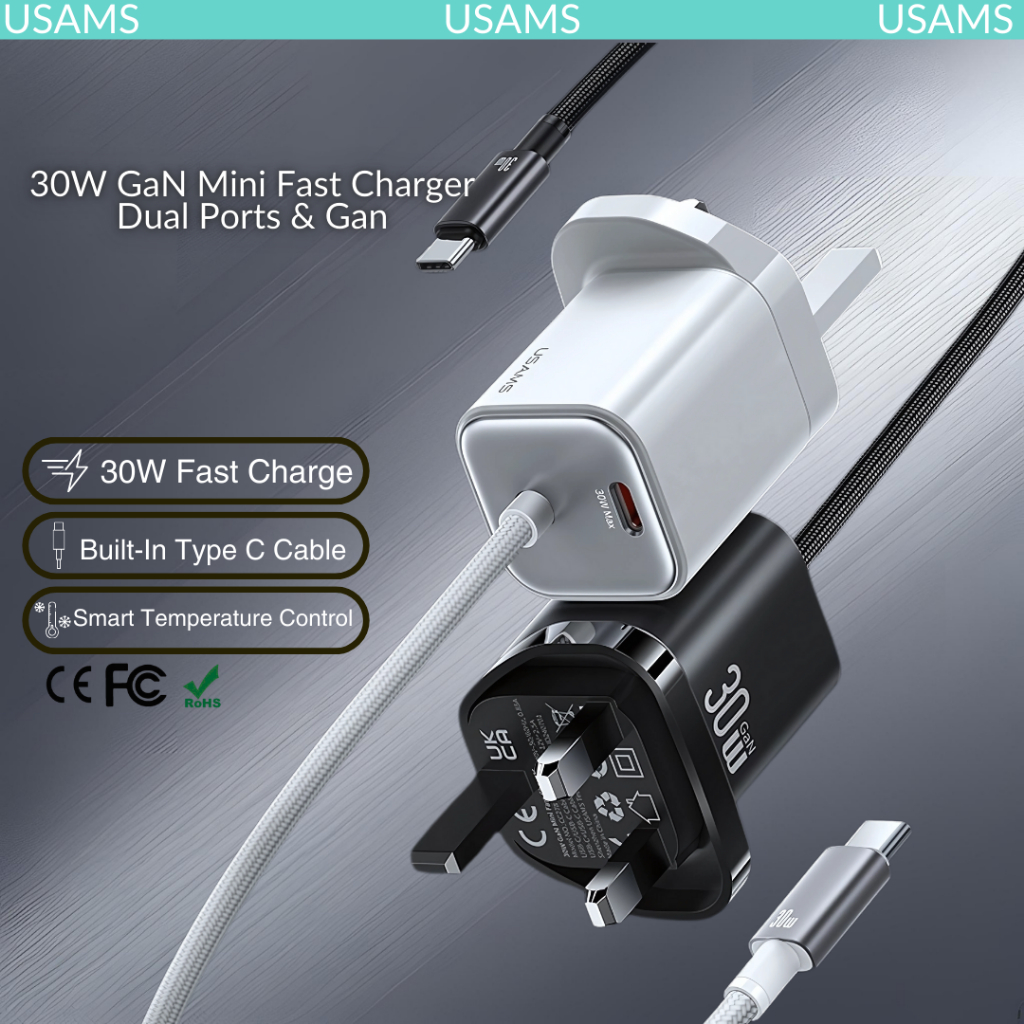USAMS 30W GaN Fast Charger | Dual Port Type-C + USB | Mini Size | PD ...