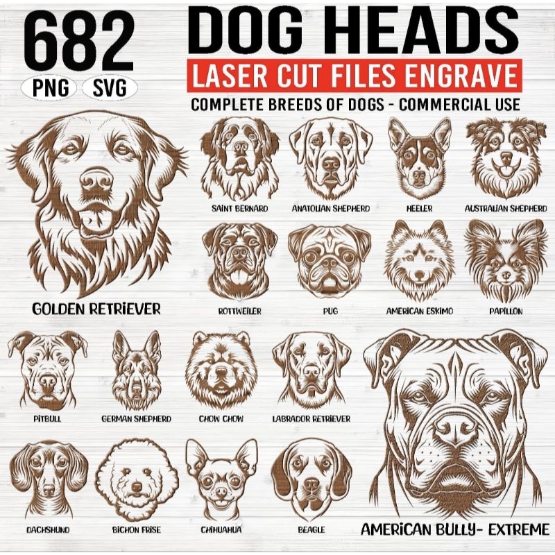682 Dog heads complete breeds of dogs Laser engraving cut files SVG and ...