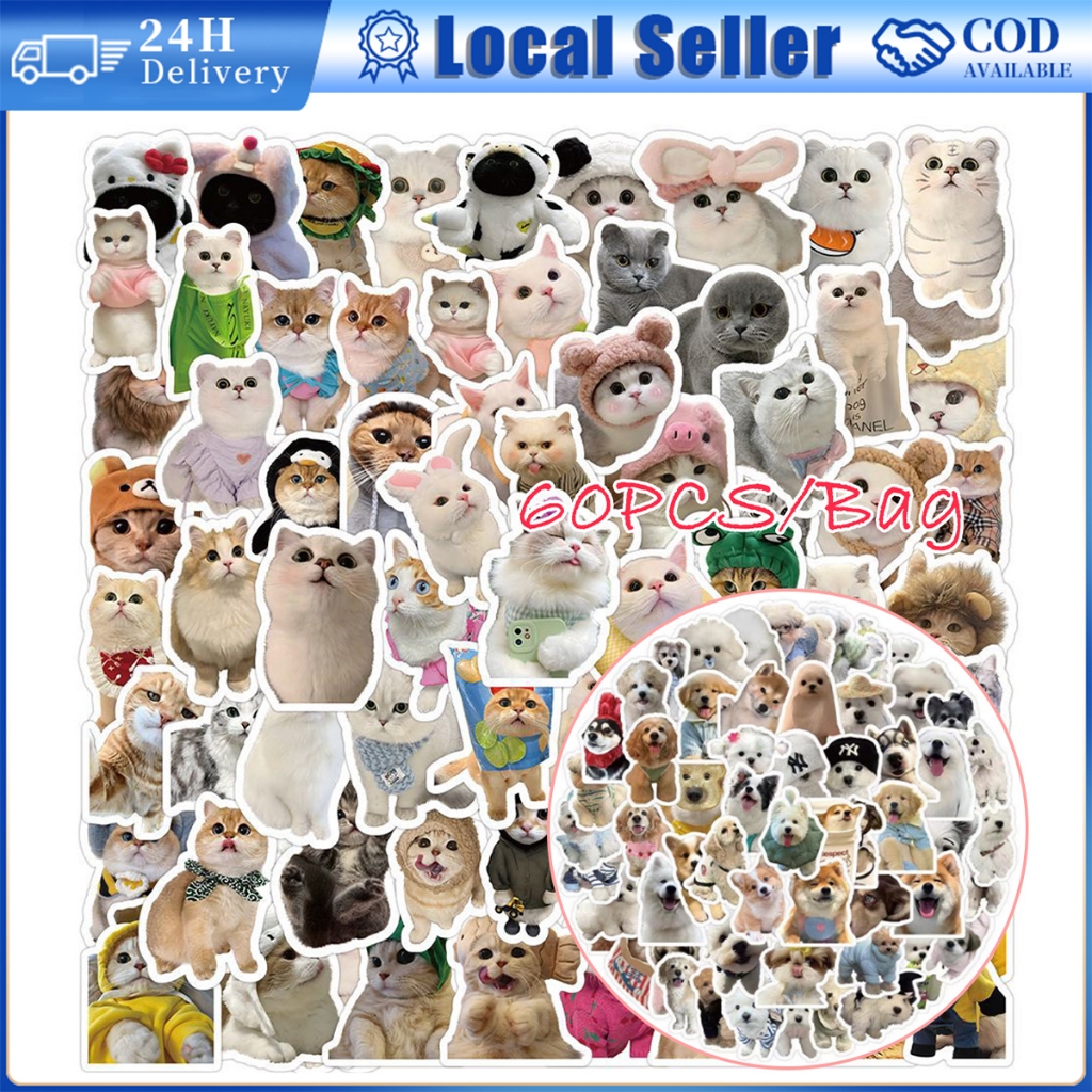 60PCS Cartoon Stickers Cat / Dog sticker Funny Cute Pets Puppy Stickers ...