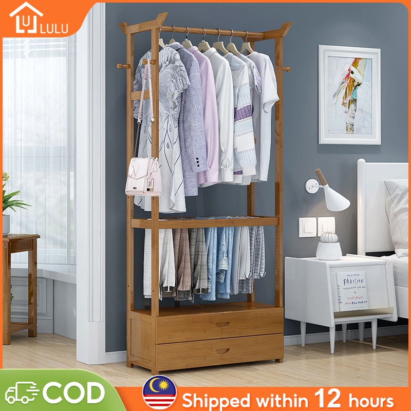 Bamboo Clothes Rack 2 Drawers 42/70/90CM Clothes Hanging Rack Coat Rack ...