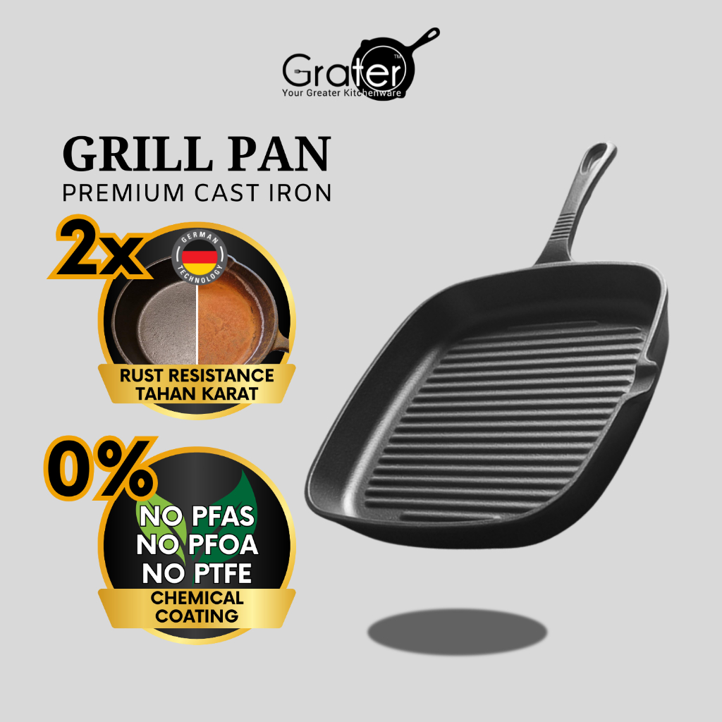 GRATER Rust Resistant Non-Stick Square Cast Iron Grill Pan Camping BBQ ...
