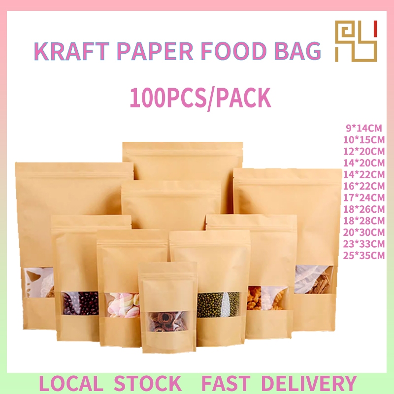 100pcs Beg Kraft Paper Window Zip lock Beg Makanan Segel Kuih Kering ...