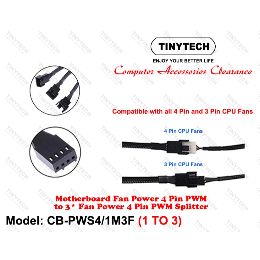 TINYTECH PWS4/1M3F MOTHERBOARD FAN POWER 4 PIN PWM TO 3 FAN POWER 4 PIN ...