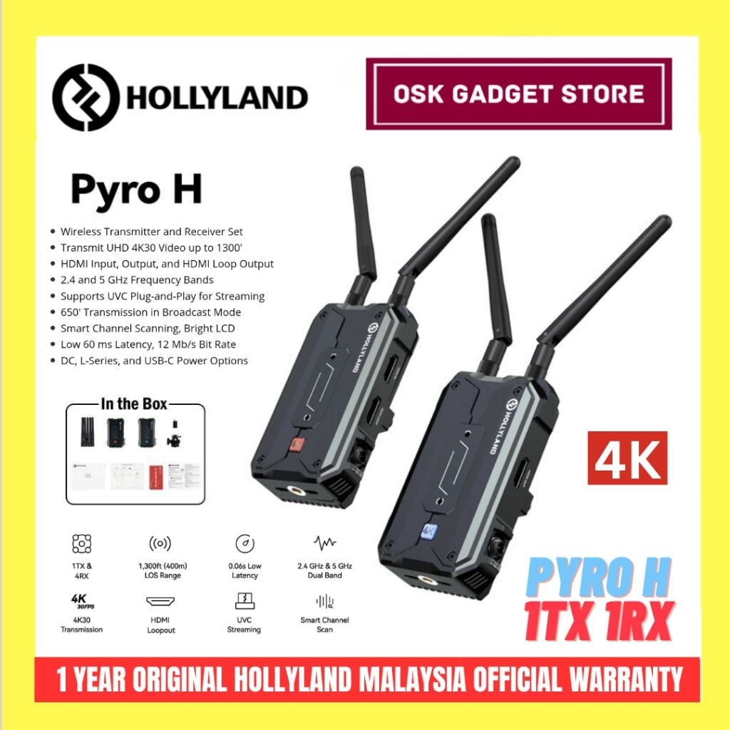Hollyland Pyro H 1TX + 1 RX 4K HDMI Wireless Video Transmission System ...