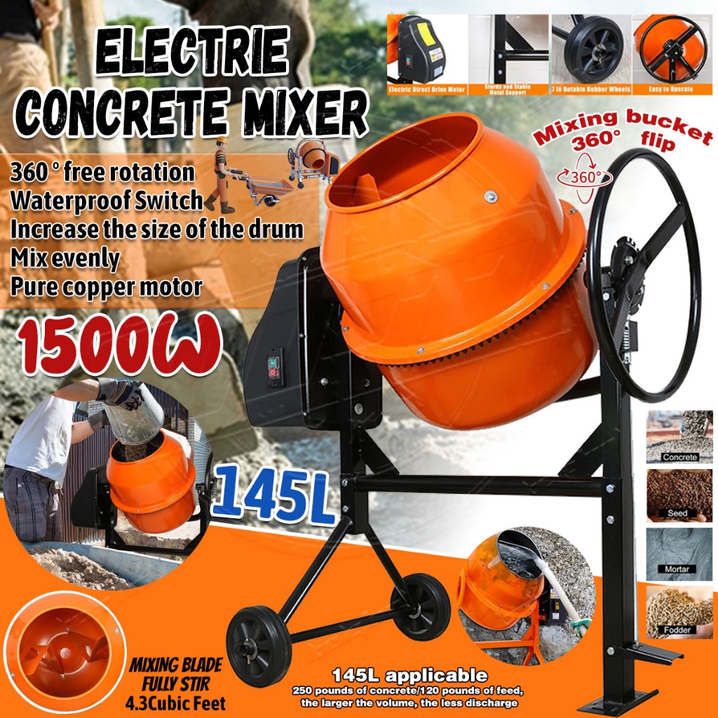 1500W Electric Concrete Mixer 145L Mesen Bancuh Simen Mesin Micer 360 ...