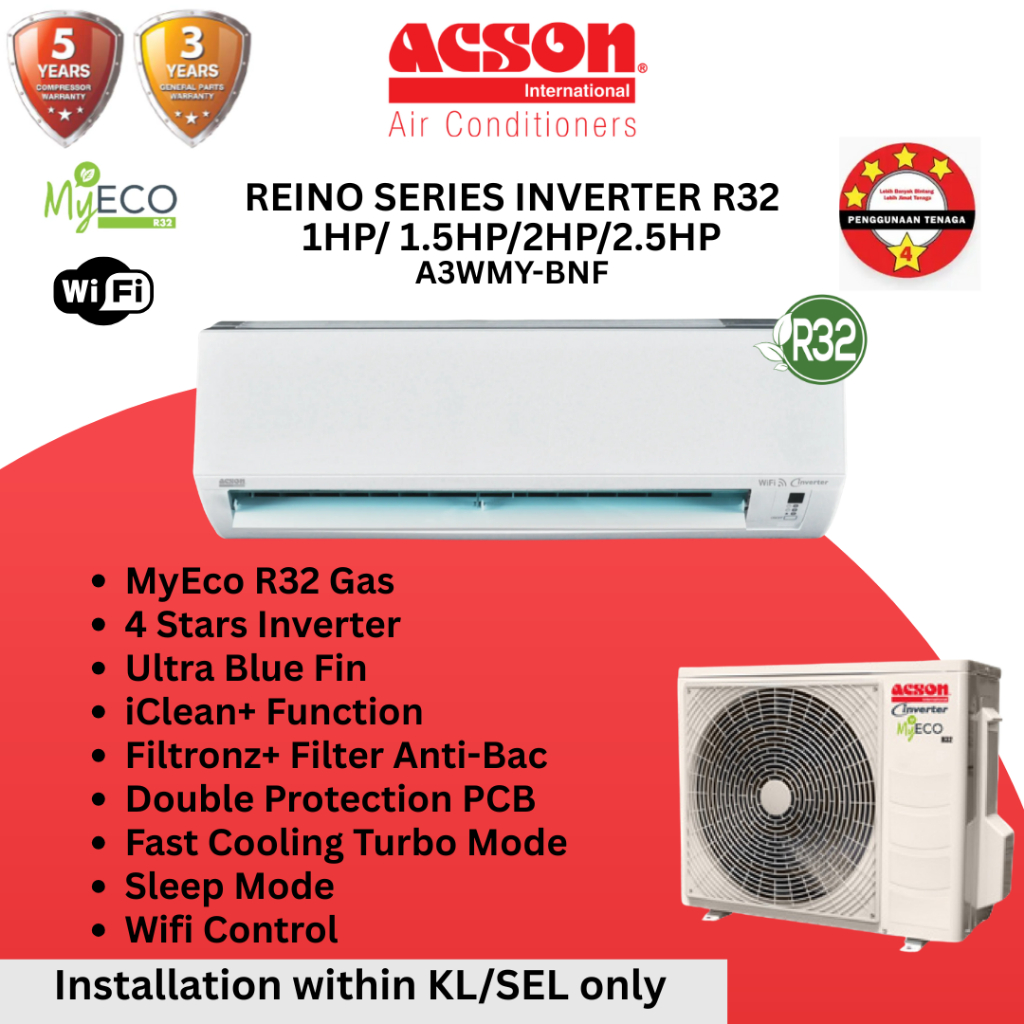 Acson Inverter Air Conditioner 1HP 1.5HP 2HP 2.5HP 4 Stars 5 Stars ...