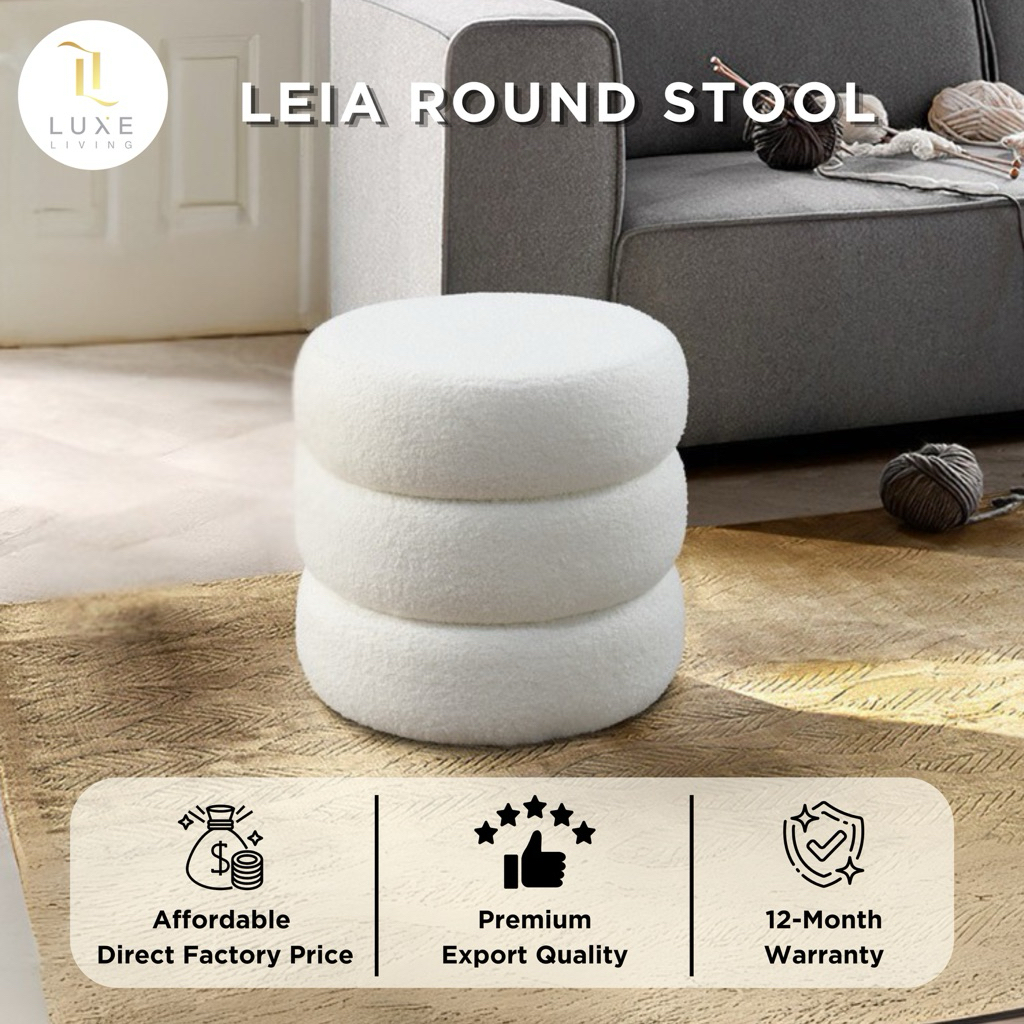 LUXE: Leia 3 Layer White Fleece Round Stool/ Small Single Stool/Bench ...