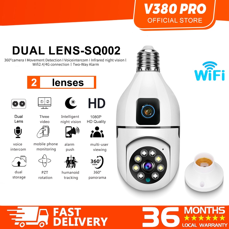 V380 Pro SQ002 CCTV Dual Lens Bulb Camera 360°Rotate Light Bulb 1080P ...