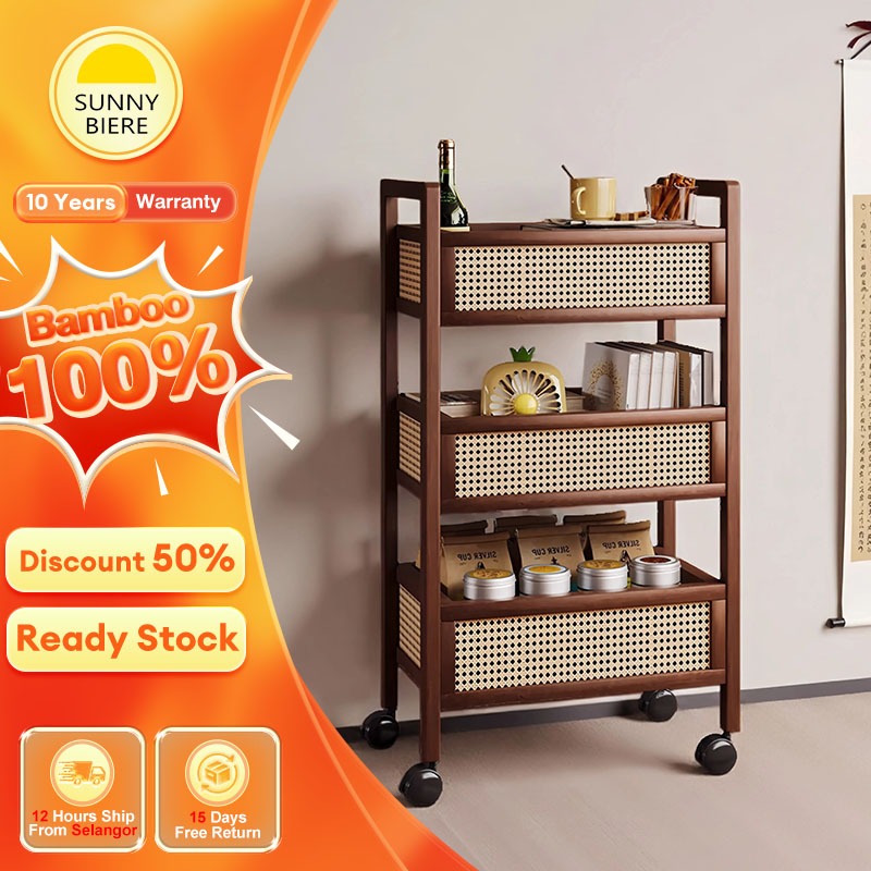 SUNNY Bamboo Trolley Cart 35/50CM Moving Rack Rattan Storage Rack Besi ...