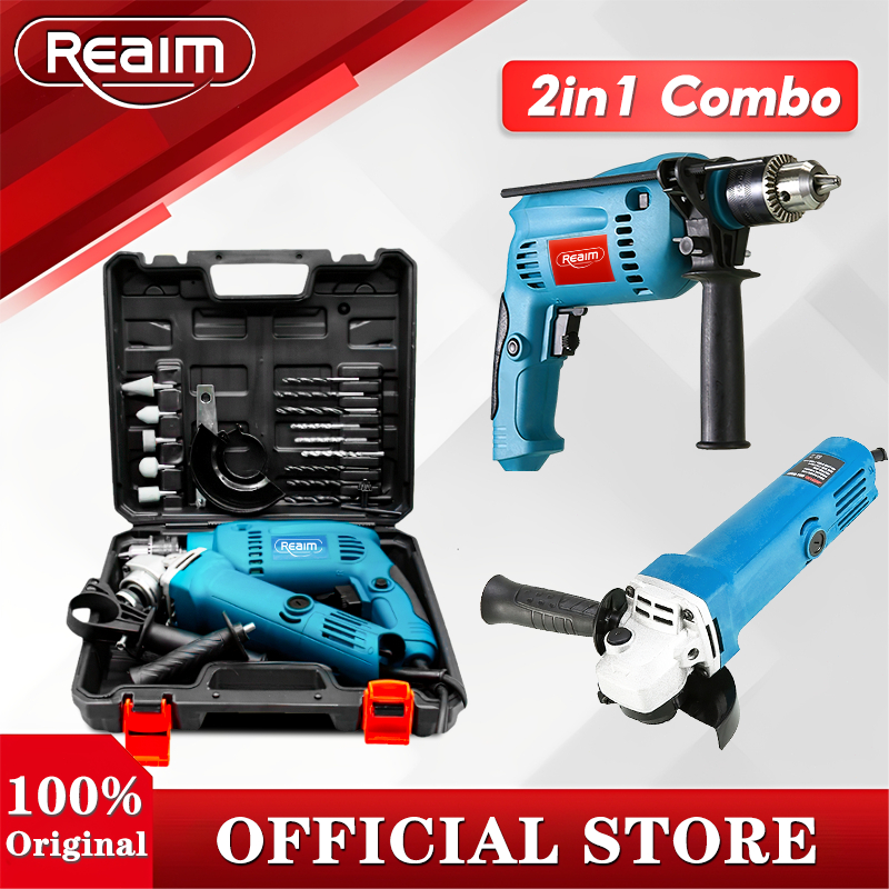REAIM 1600W Impact Drill +1450W Angle Grinder High Power Tool Set ...