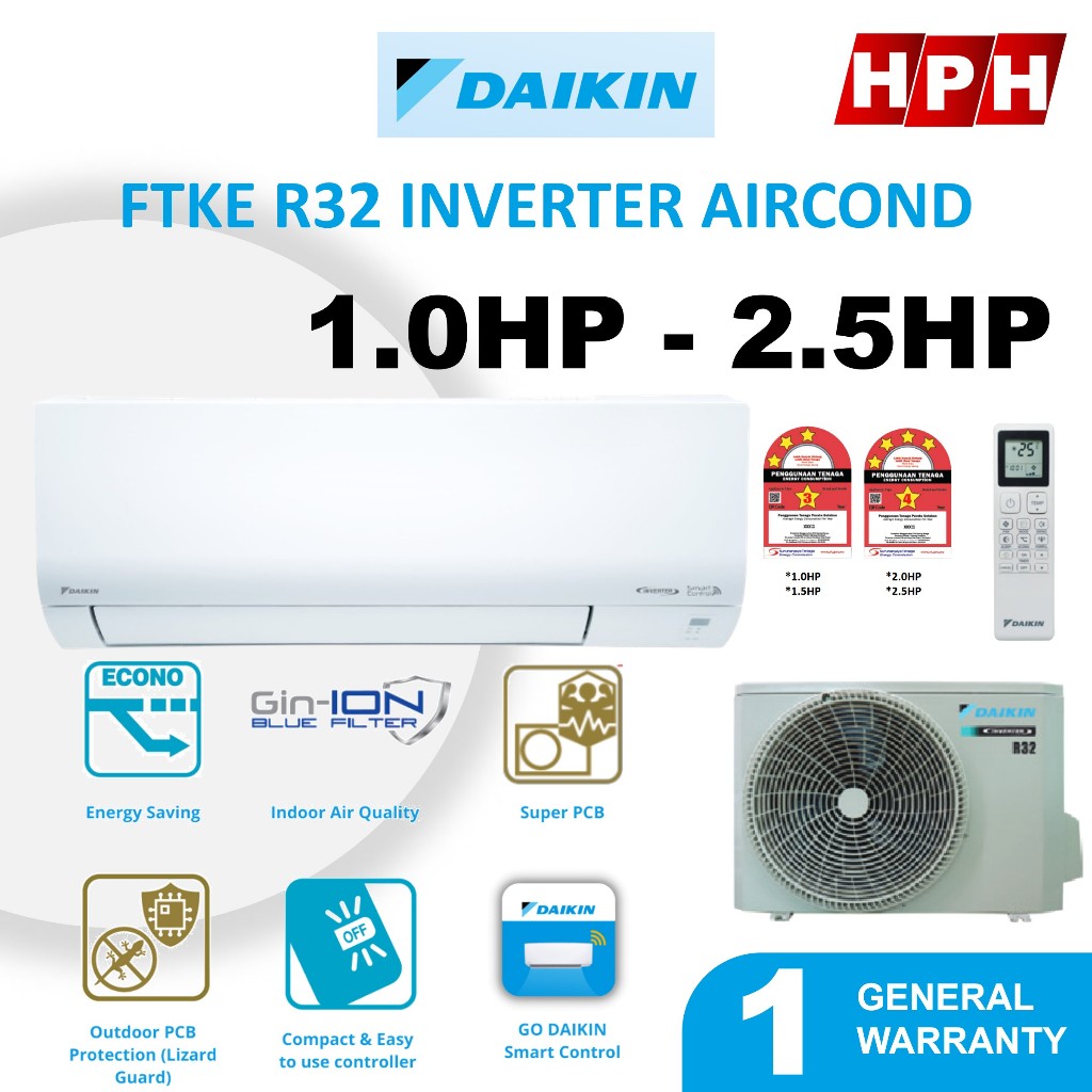 Daikin R32 Inverter Air Conditioner (1HP/1.5HP/2.0HP/2.5HP) FTV-P ...