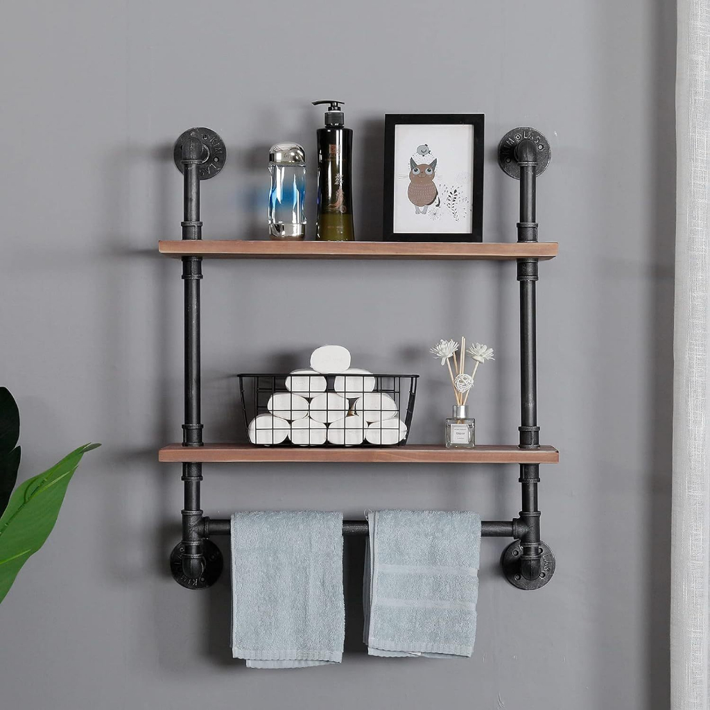 2-Tier Industrial Pipe Floating Shelf with Tower Rod Wall-Mounted Pipe ...