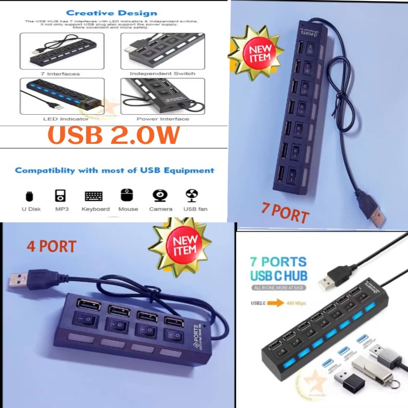 USB 2.0 Multi-Port Hub with Individual Power Switches On/Off Switch(7 ...