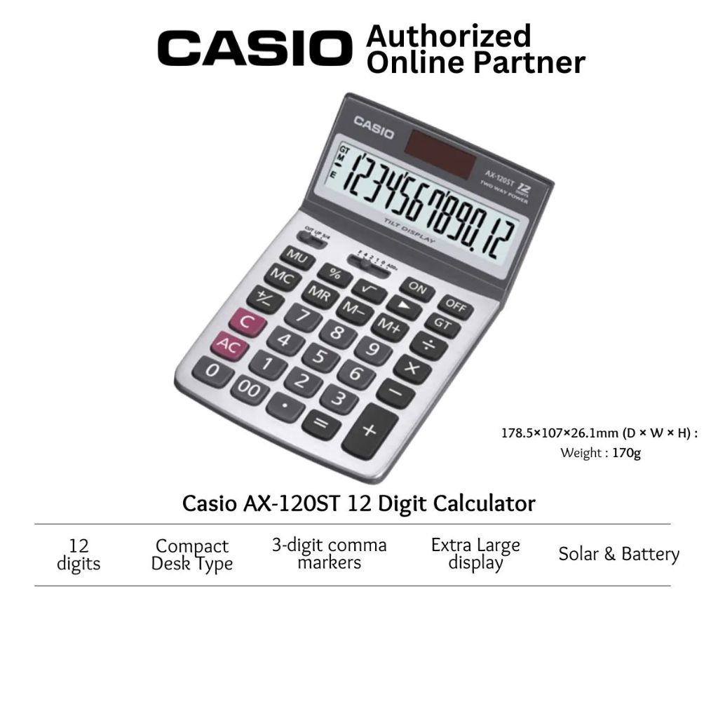 Casio AX-120ST 12 Digits Calculator (Metal Faceplate, 2 Way power ...