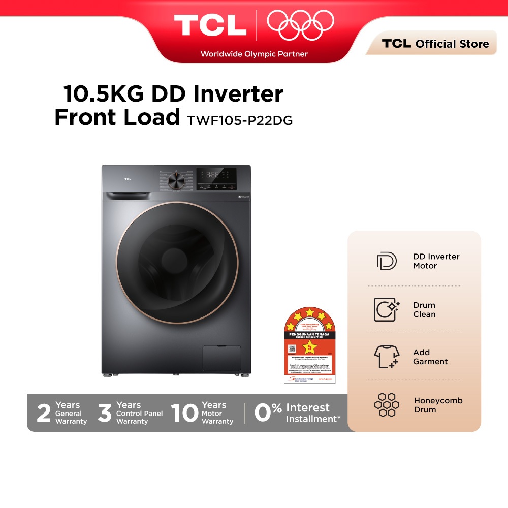 【Washer Only】TCL 10.5KG DD Inverter Front Load Washing Machine Heat Sterilization 5 Star Energy Rating TWF105-P22DG