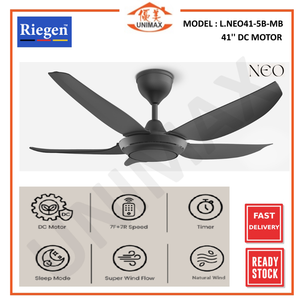 Riegen Ceiling Fan with Remote Control NEO 41 RCF-L.NEO41-5B-MB 41 Inch ...