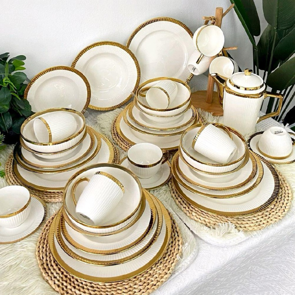 Set Pinggan Mangkuk Eksklusif Lining Gold – Elegant Tableware Oven ...