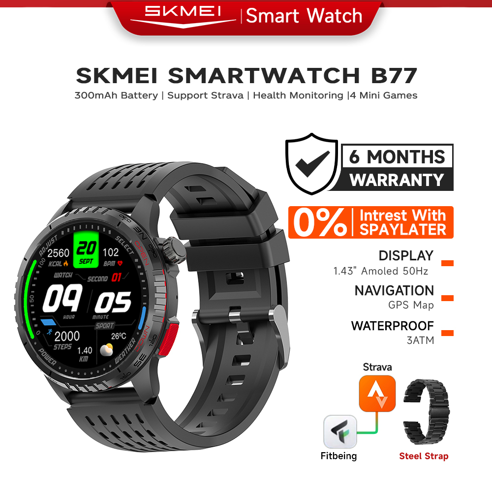 SKMEI B77 Smartwatch Man Built-in GPS 3ATMWaterproof 1.43" 60Hz AMOLED Display Outdoor Sports Fitness Tracker 22mm Strap